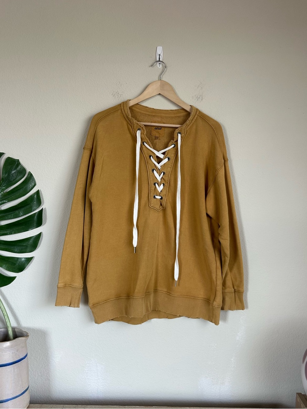 Aerie Lace Up Golden Mustard Relaxed Sweatshirt
